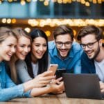 en gruppe venner leder entusiastisk online efter gode feststeder i Aarhus Danmark